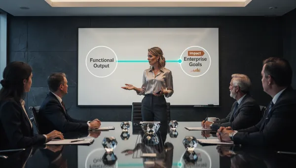 A mid-career professional presenting at a whiteboard to senior executives — the board shows a clean line connecting functional output to enterprise goals — dark slate boardroom, teal connecting line, copper accent on the impact metric, conveying strategic clarity and altitude.