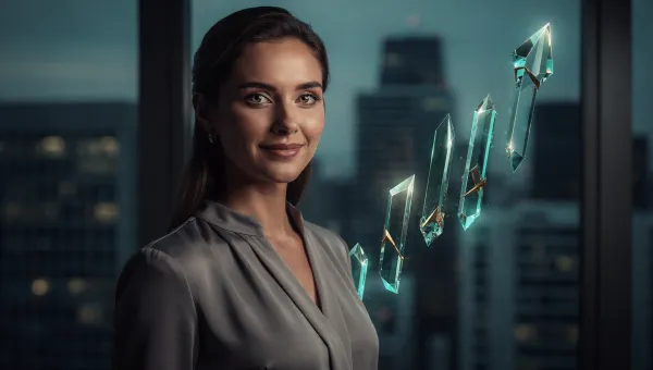 A composed executive standing at a floor-to-ceiling window overlooking a city skyline at dusk — five subtle geometric lines ascending in the reflection behind them — dark slate tones, teal accent light, conveying deliberate upward trajectory and strategic clarity