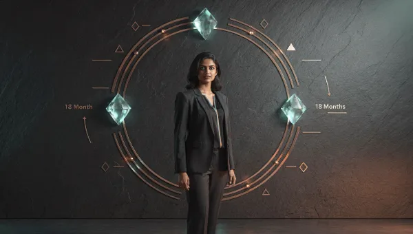 A sleek circular roadmap graphic — three phases marked at 6, 12, and 18 months — overlaid on a dark slate background with a professional figure at the center point — teal phase markers, copper milestone indicators, conveying structured momentum and deliberate progression