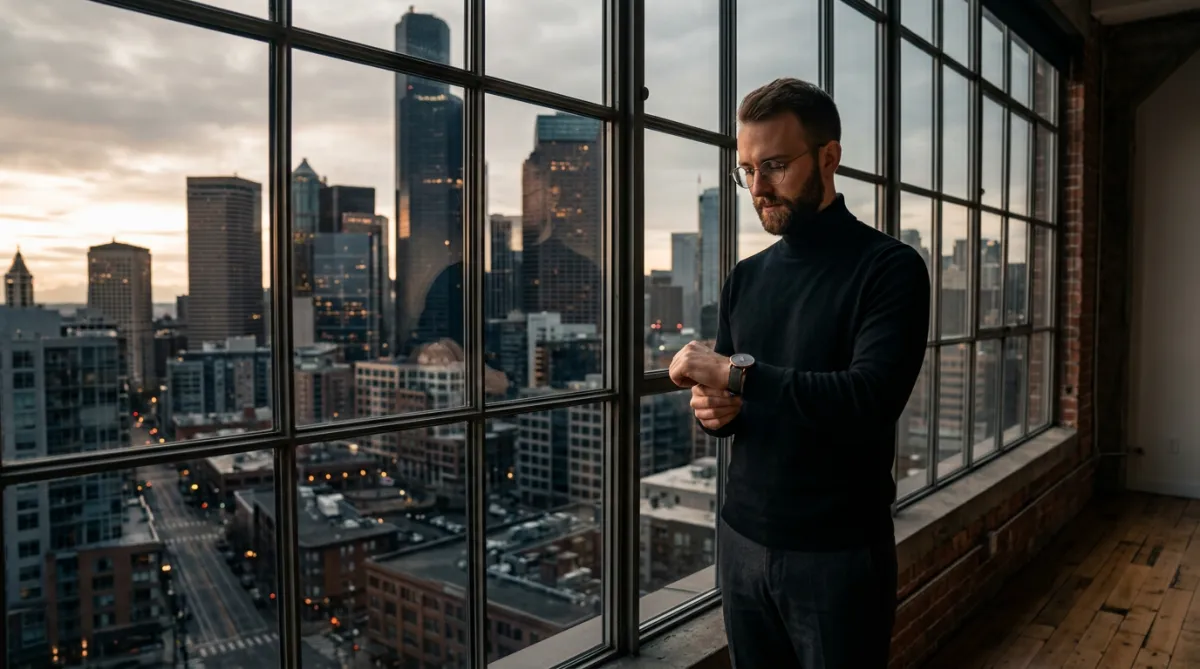 Executive checking the time while looking out over a city skyline, representing strategic timing in career advancement