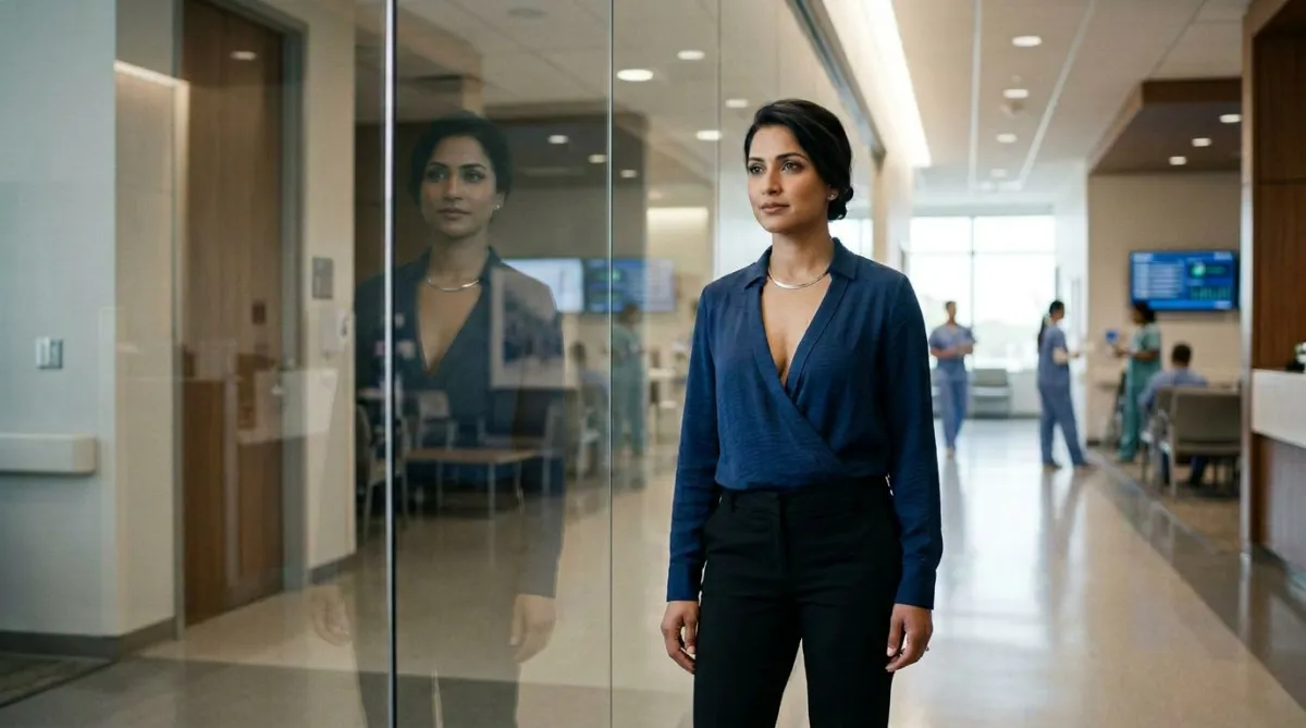 A female healthcare professional in business attire standing in a modern hospital corridor, calm and purposeful expression, soft natural light, cinematic composition, no text