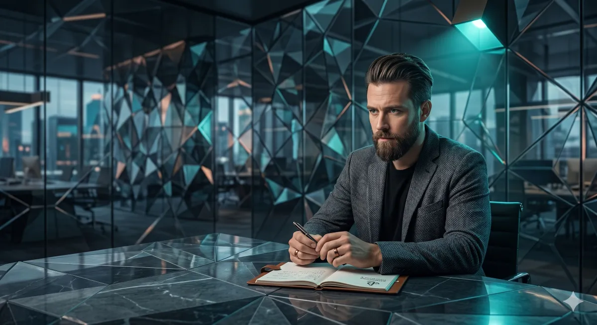 A composed professional sitting alone at a conference table post-meeting — expression resolute, not defeated — notebook open, pen in hand, clearly planning next steps — dark slate tones, single teal light source, conveying strategic composure after adversity.