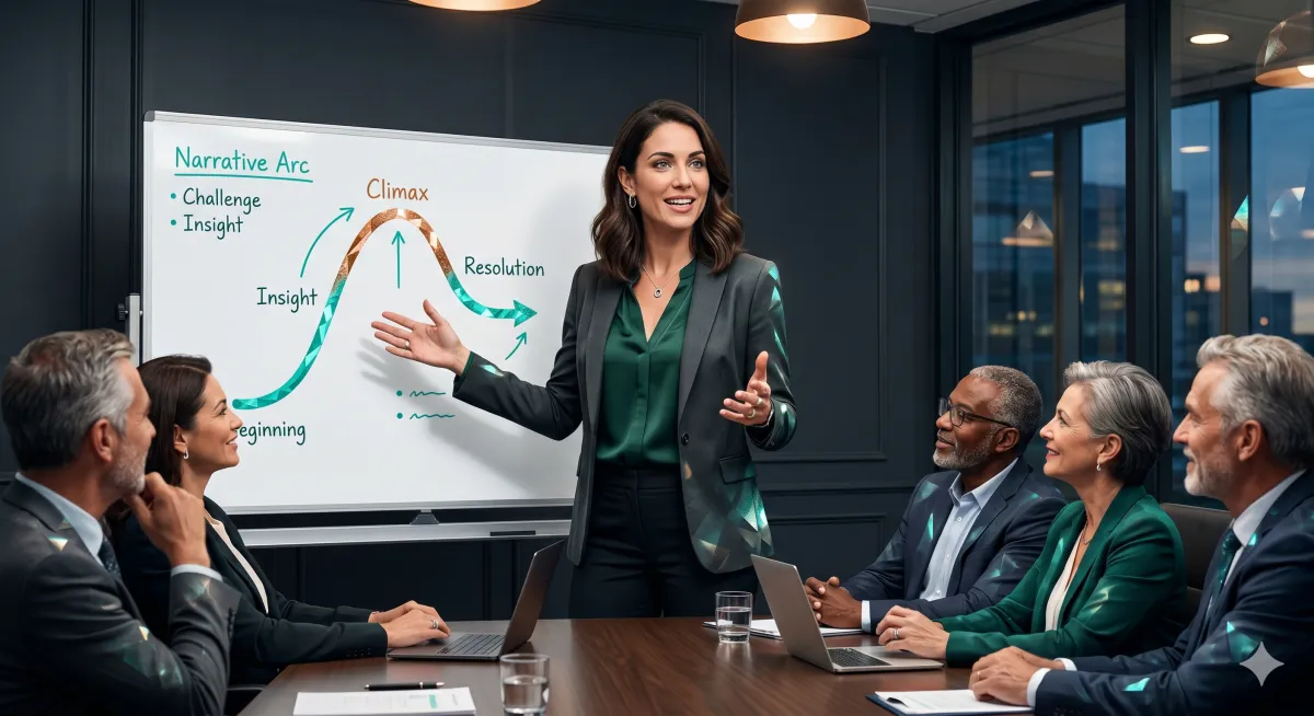 A professional standing at a whiteboard mid-presentation, one hand gesturing toward a simple narrative arc drawn in teal — senior leaders leaning in, visibly engaged — dark slate boardroom, copper accent on the arc line, conveying command of the room through story.