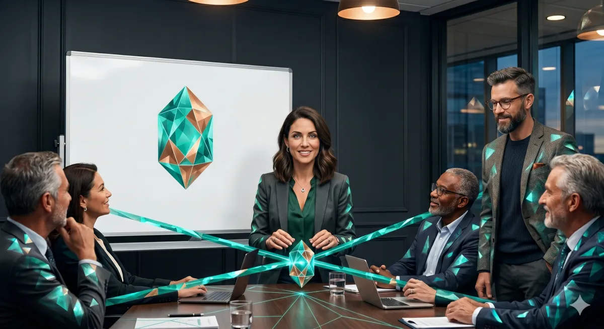 Four distinct senior professionals positioned at the corners of a sleek boardroom table, a mid-career professional at the center — each corner figure representing a different function — dark slate tones, teal connecting lines between figures, conveying a deliberate multi-directional support architecture.