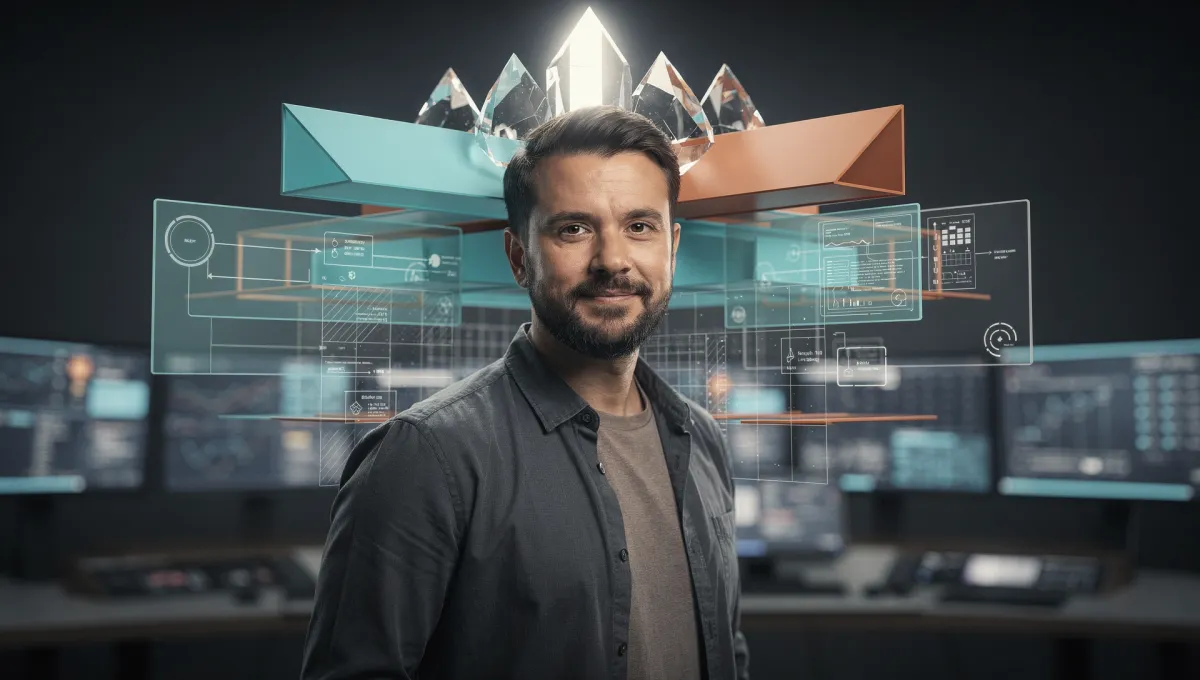 A composed enterprise leader standing in a modern operations space, calm and in command.
