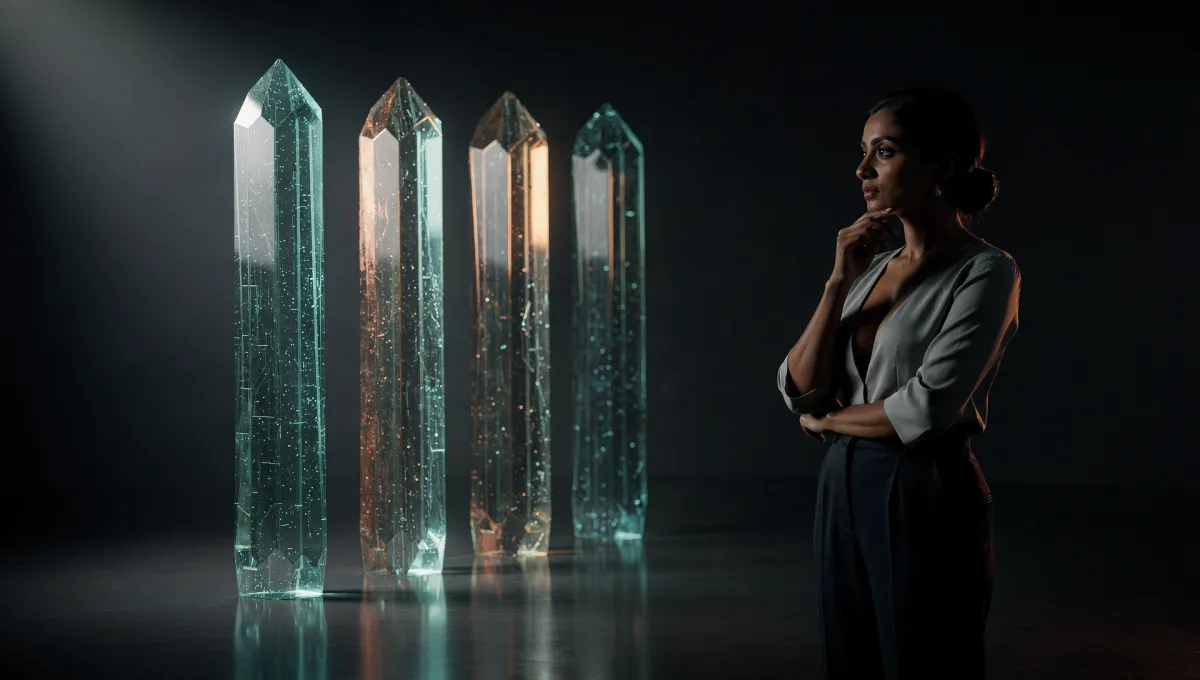 ix vertical translucent bars of clearly unequal height standing side by side in a modern dark interior