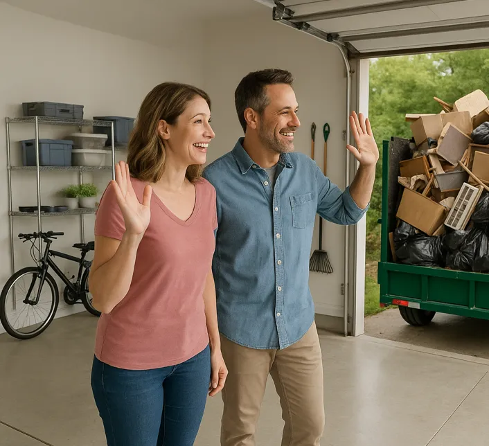 Three satisfied GreenHaus customers standing in a tidy living room, emphasizing relief and trust after a clearout.
