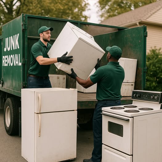 GreenHaus Services truck with crew loading a sofa in a suburban driveway