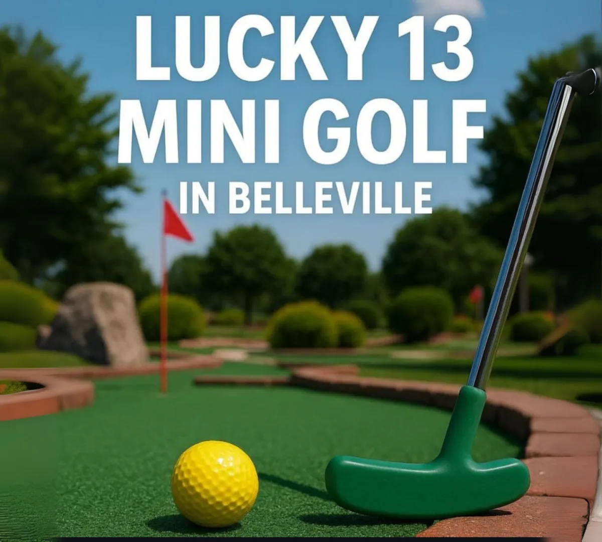 Portable mini-golf course with colourful obstacles set up on the Belleville waterfront lawn at Pop-Ups on the Bay festival