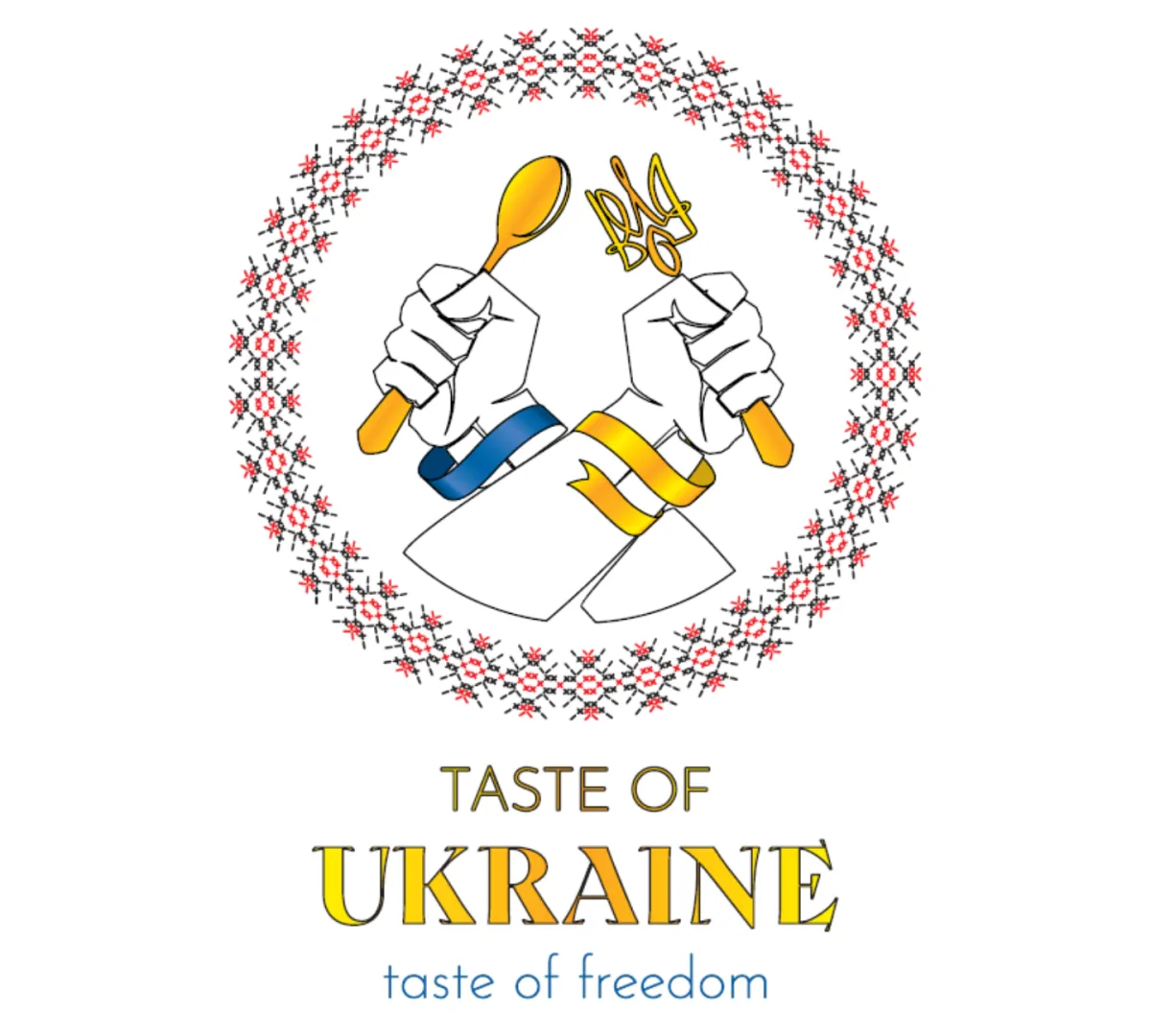 Taste of Ukraine blue and yellow booth decorated with Ukrainian and Canadian flags at Pop-Ups on the Bay waterfront event in Belleville, O