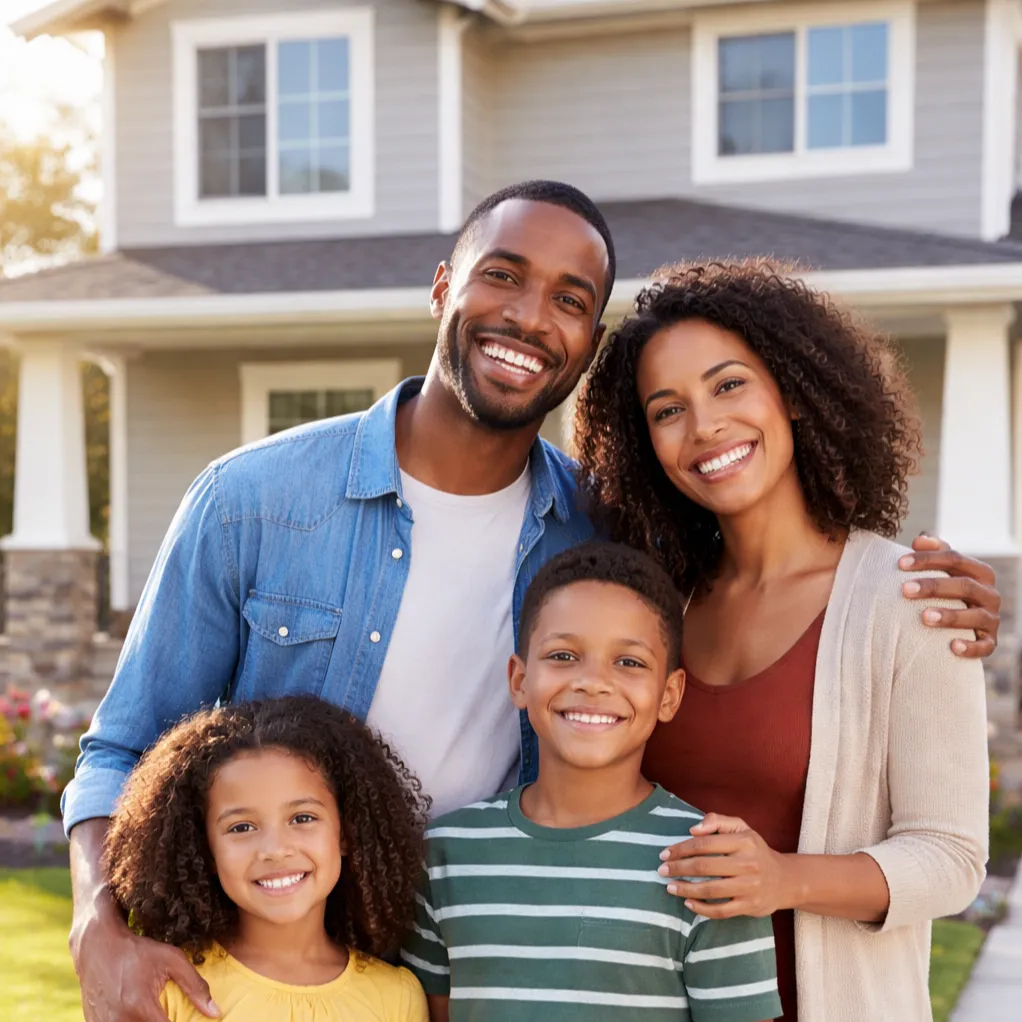 smiling family in front of their home illustrating mortgage protection life insurance planning