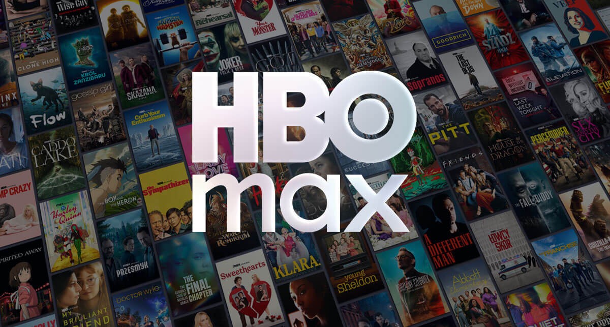 Logo HBO Max na tle plakatów filmowych – hity kinowe i seriale w pakiecie
