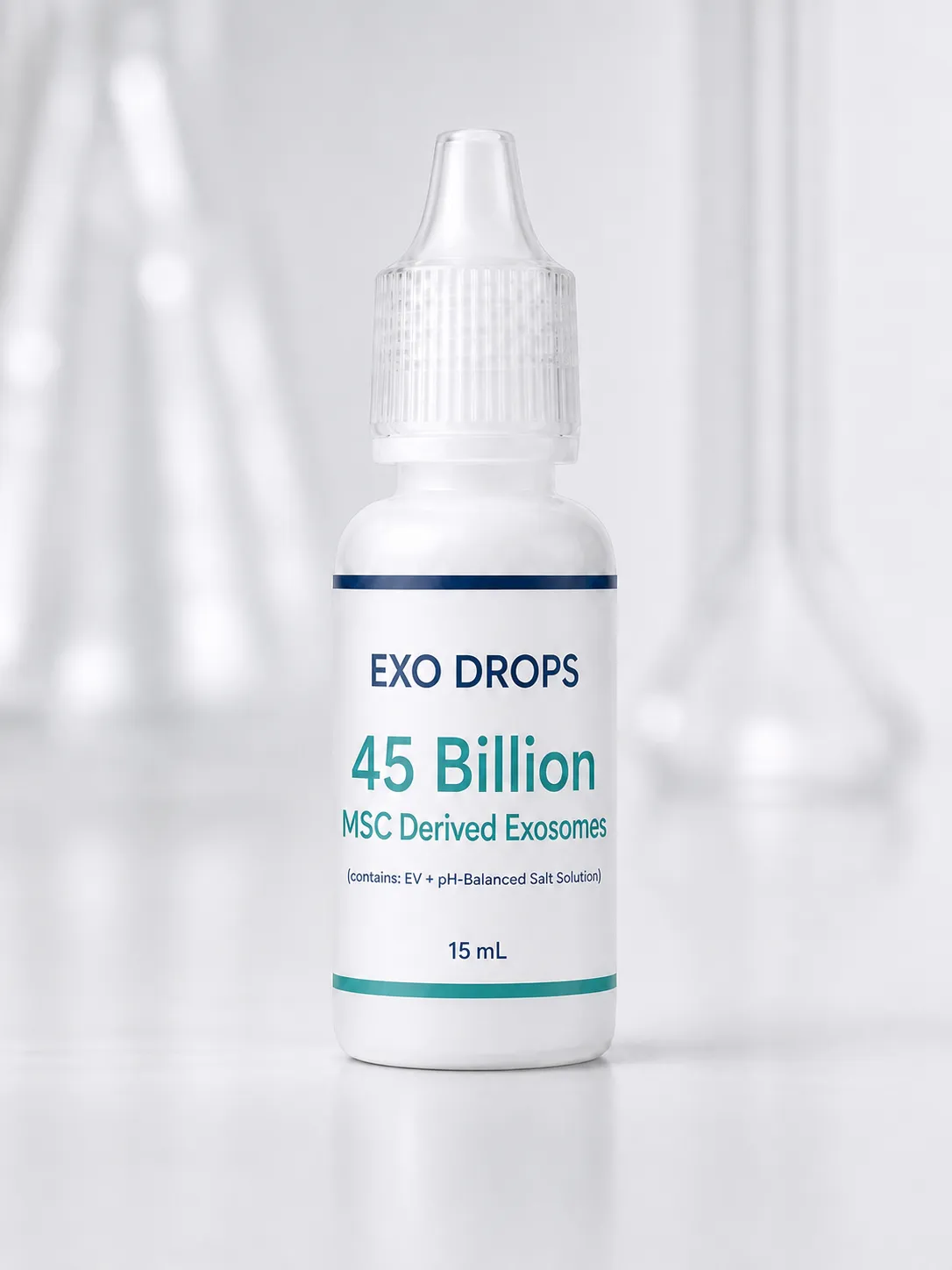 Sleek Apple-esque minimalist showcase of the EXO DROPS dropper bottle floating on a dark surface