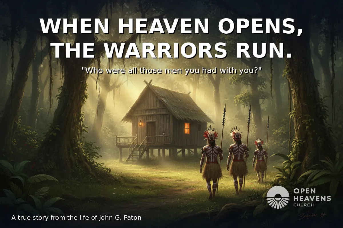 Cinematic photo of New Hebrides tribal warriors at dawn walking toward a wooden mission house with golden god-rays breaking through the jungle canopy.