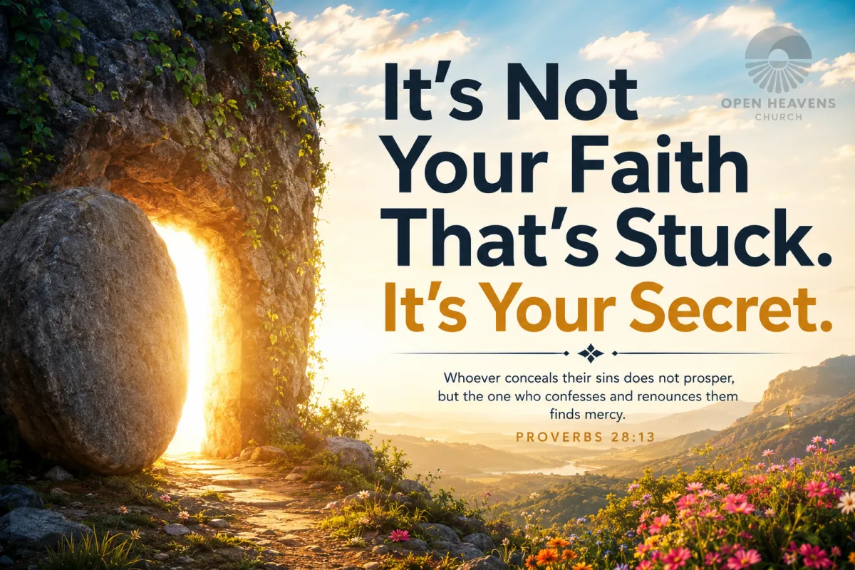 An empty tomb at sunrise with the stone rolled away and golden light pouring out across a path lined with wildflowers.