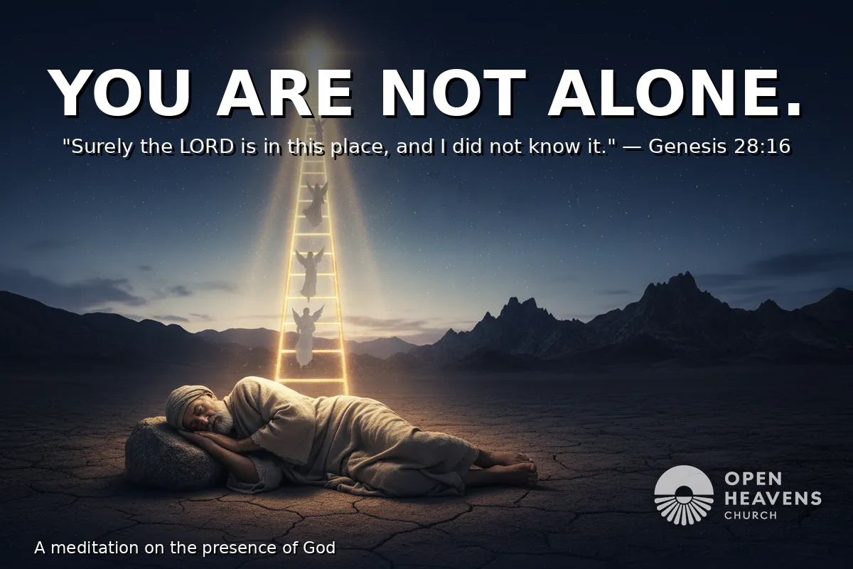 Cinematic photo of an ancient Hebrew man sleeping on a stone in a vast wilderness at twilight, with a luminous golden ladder rising from beside him into a starry sky and faint angels ascending and descending its rungs.