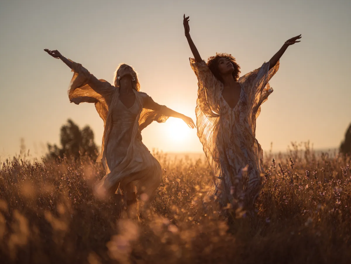 Two women dance freely at sunset, illustrating the joyful freedom, mindfulness support, and soulful growth found through private spiritual guidance.