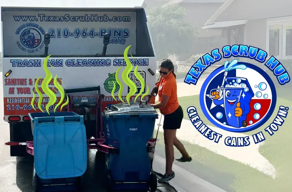 Commercial trash can cleaning service sanitizing and deodorizing waste bins with high-temperature steam on site.