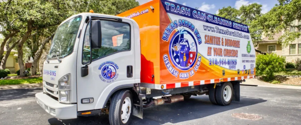 Texas Scrub Hub trash can cleaning truck providing residential sanitation services.