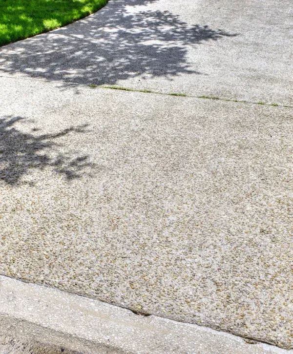 A close-up of a pebble aggregate concrete driveway with tree shadows and green grass on the left.