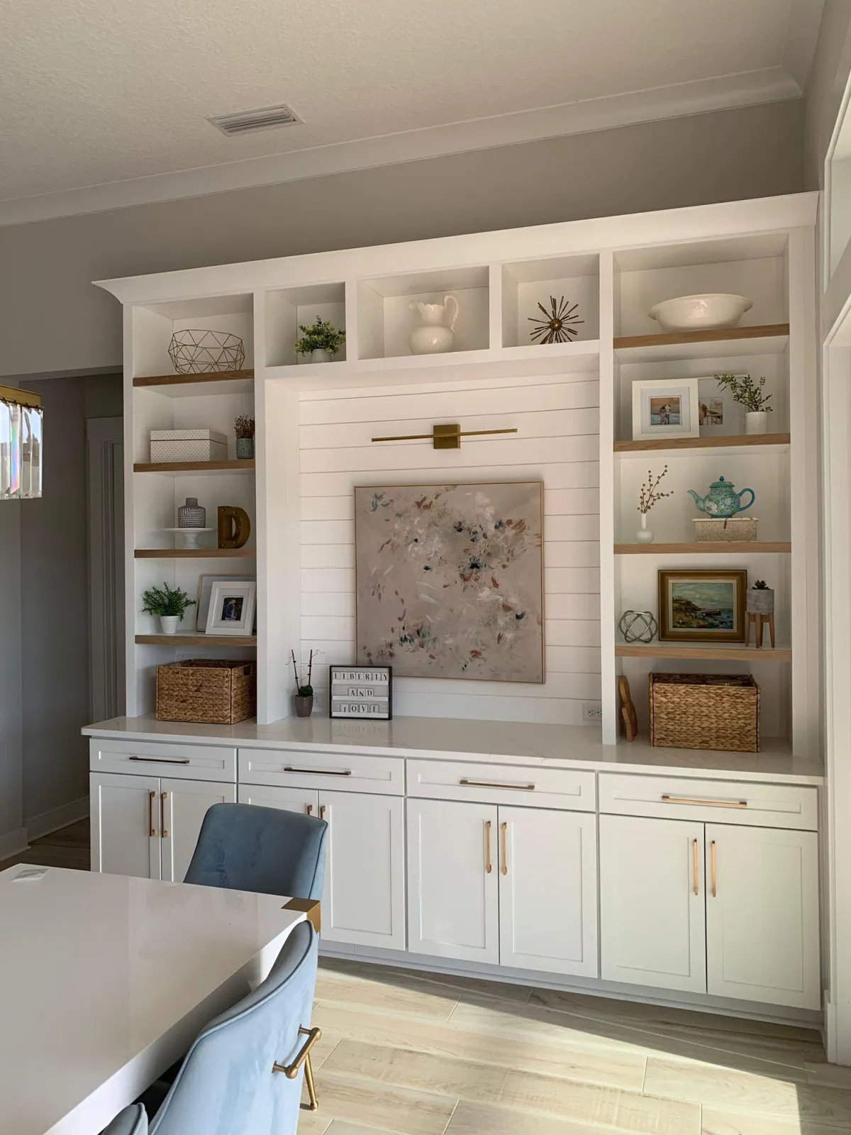 custom carpentry, custom built ins, dining room, shelving, organization, display, shiplap