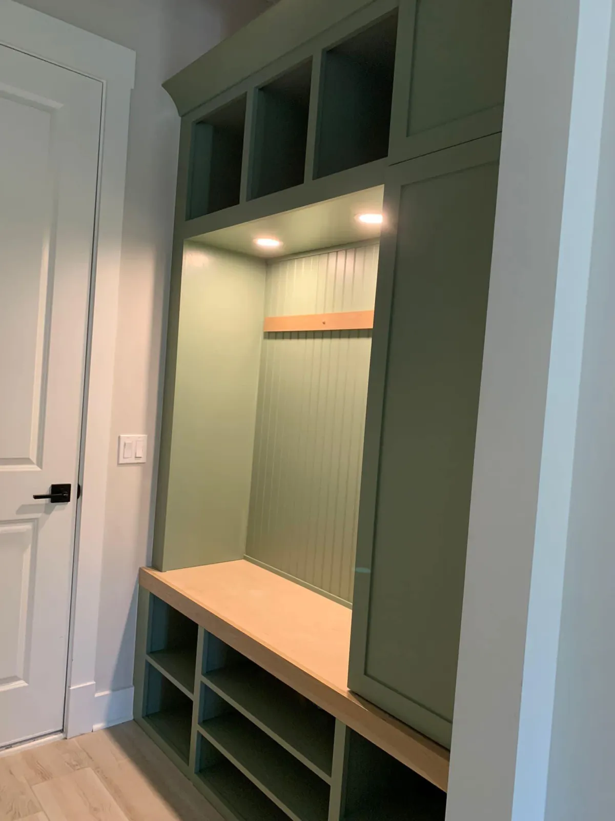 custom mudroom, organization, mudroom, jade dragon, sherwin williams