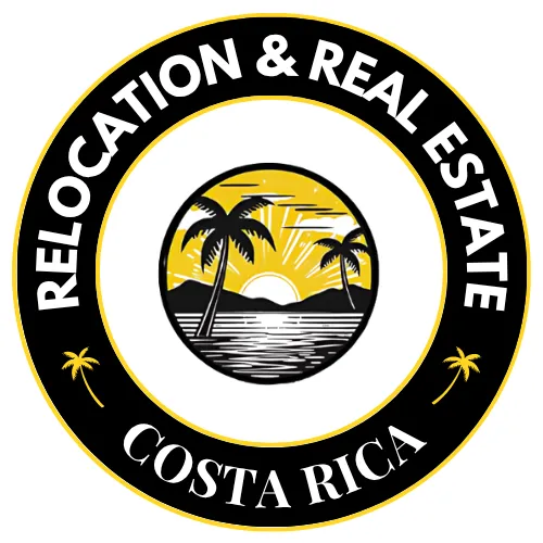 Costa Rica Real Estate Agents logo — “Relocation & Real Estate” badge with palm trees and sunset.