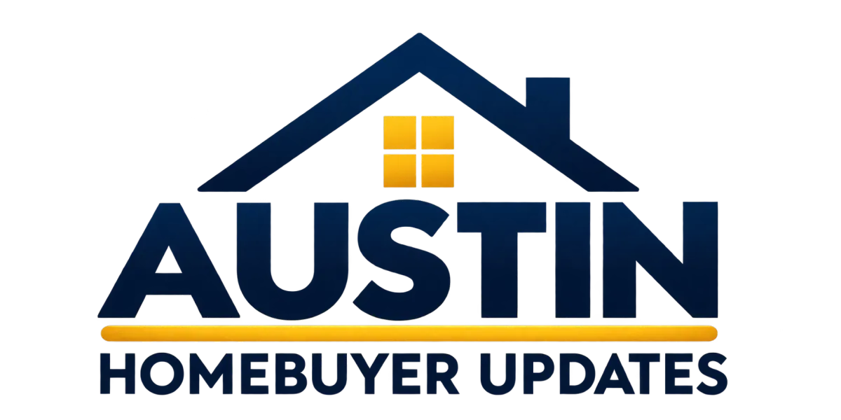 Logo featuring a blue roof over yellow windows with the word 'AUSTIN' in bold navy letters and 'HOMEBUYER UPDATES' below.