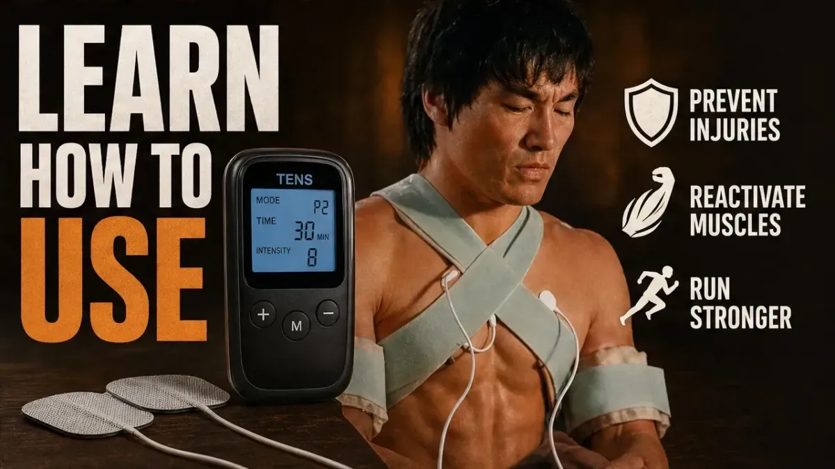 runner using TENS unit electrode pads for knee pain relief and recovery
