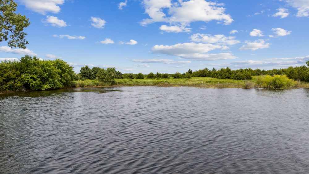 “Scenic pond surrounded by green trees and open pastureland under a bright blue sky at Rock N Wood Farm and Ranch in Oklahoma.”