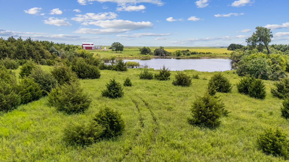 “Aerial view of Rock N’ Wood Farm and Ranch showing open green fields, scattered cedar trees, a large pond, and a red barn in the distance under a bright blue sky.”