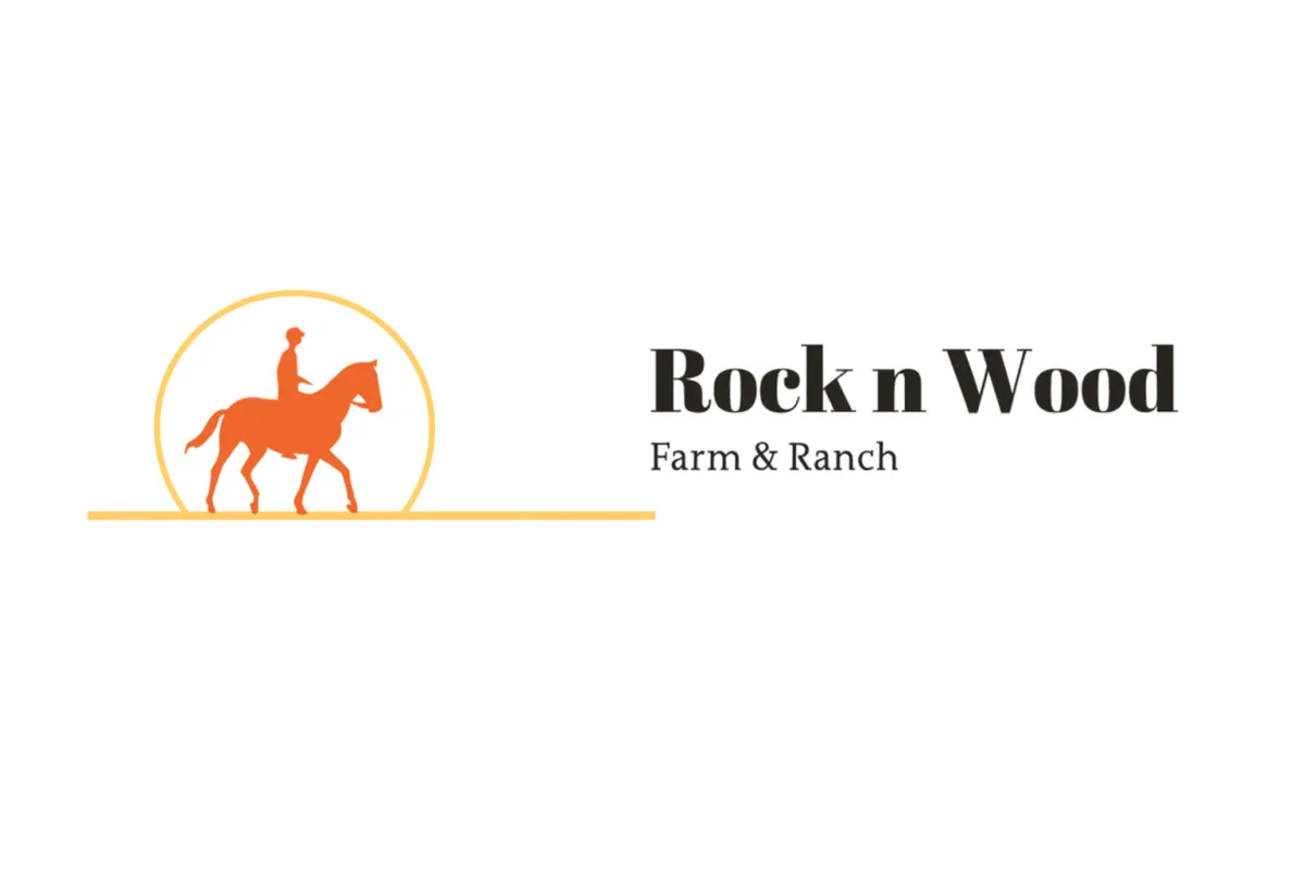 “Rock n Wood Farm & Ranch logo featuring an orange silhouette of a horseback rider inside a circular outline.”