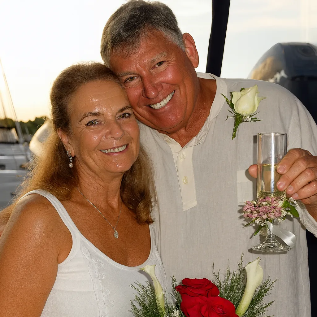 “Smiling older couple posing together at a marina wedding celebration, holding a bouquet of red roses and a champagne glass.”