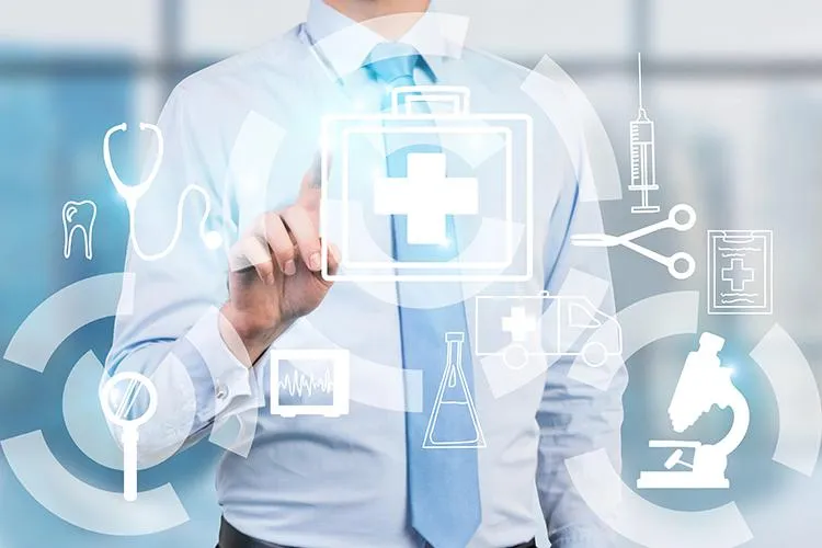 Medical professional in a dress shirt interacting with futuristic icons representing healthcare, including a stethoscope, microscope, and syringe, symbolizing advanced medical and regenerative therapies.