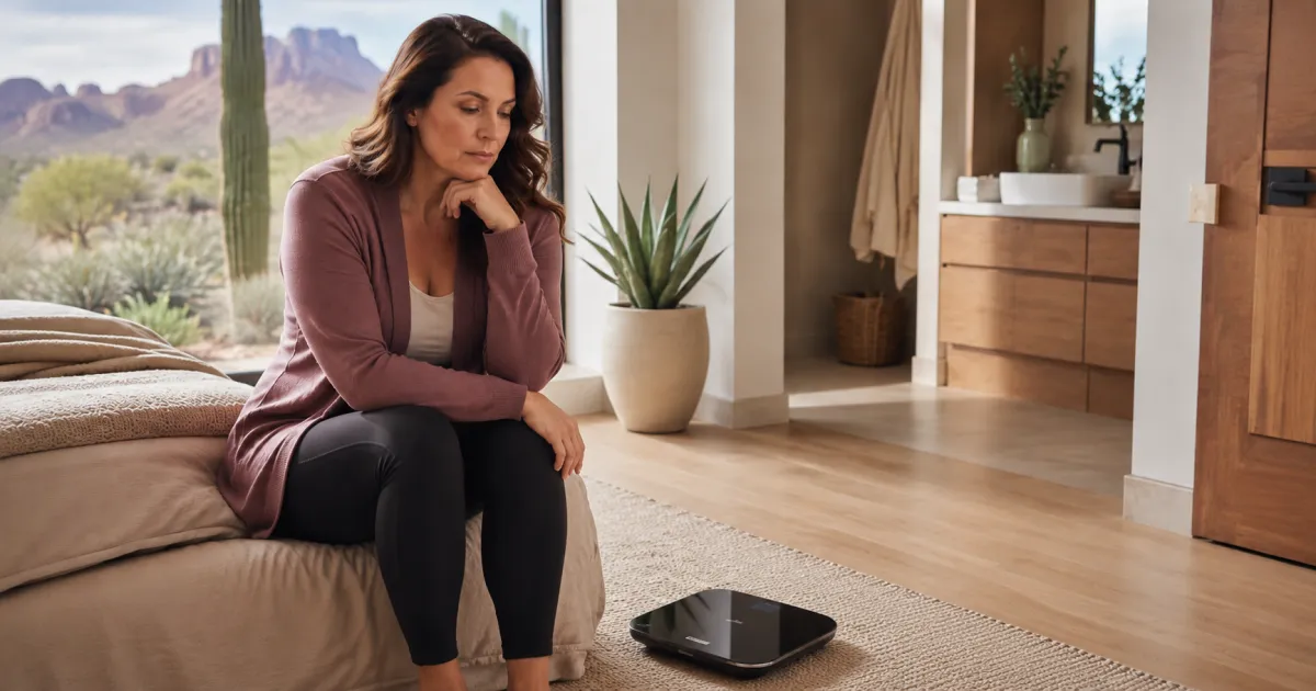 Woman in her 40s looking frustrated at a scale, Naturopathic Physicians Group Scottsdale