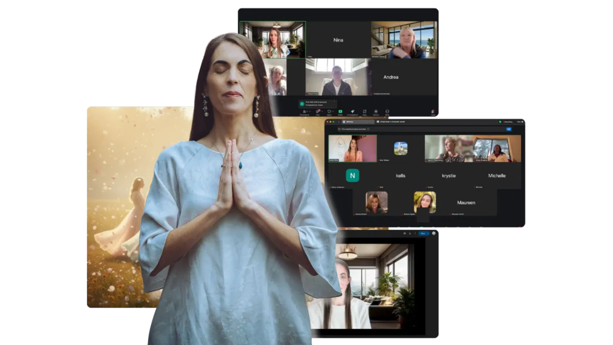 Dreamlike editorial image of a group of diverse women in flowing pastel dresses, holding hands in a circle on a sun-dappled meadow, surrounded by soft golden haze and floating petals, radiating unity and sacred connection.