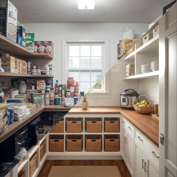 Modern organized luxury kitchen pantry with clean lines and cool shadows
