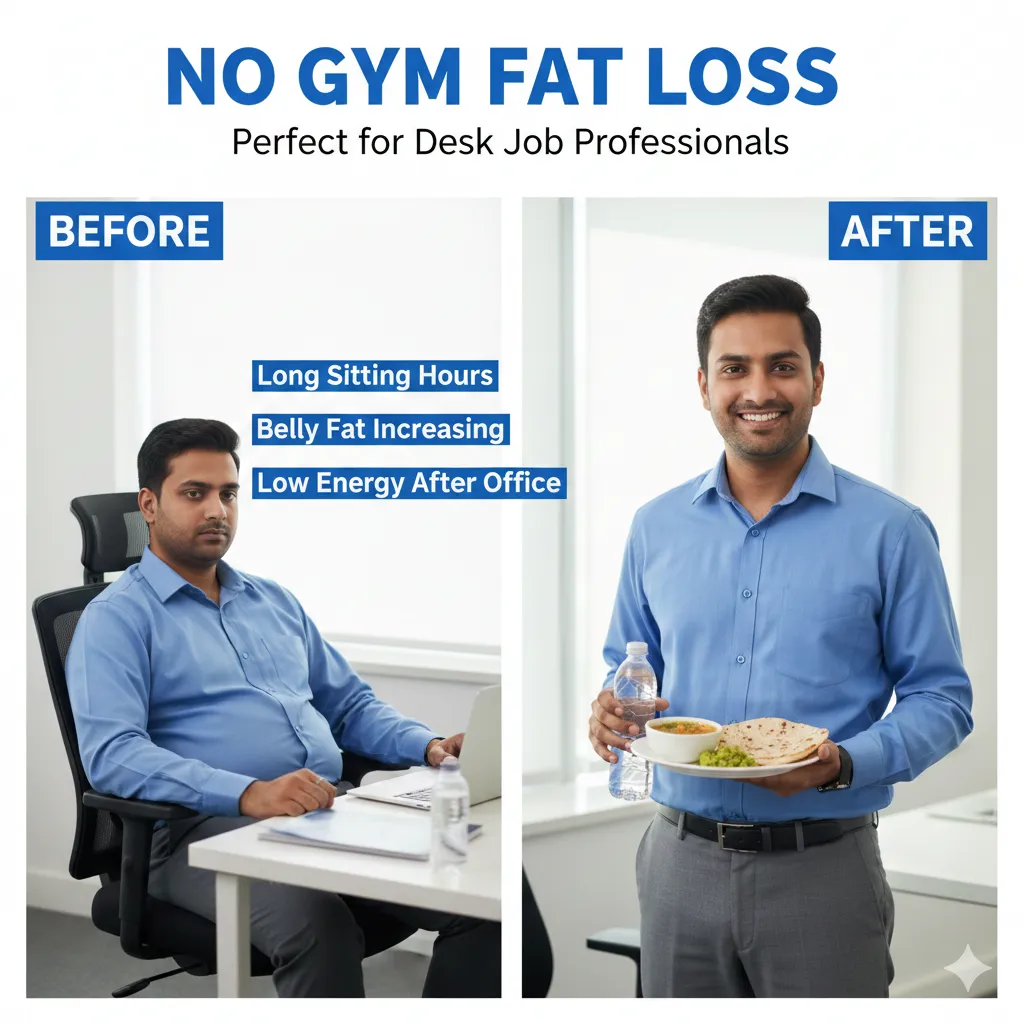 A mid-30s South Asian male professional at an open-plan office desk, standing with laptop on riser and doing a discreet calf raise, warm natural morning light, candid photorealistic style showing how micro-movements fit into a busy workday.