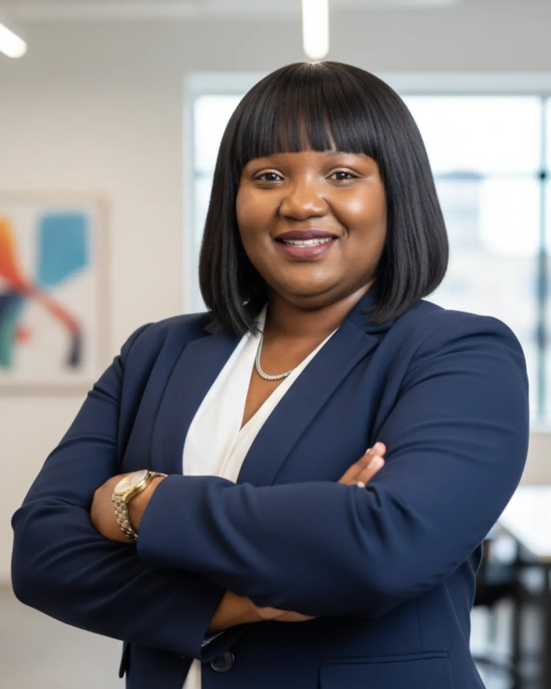 Man in suit with arms crossed outside building