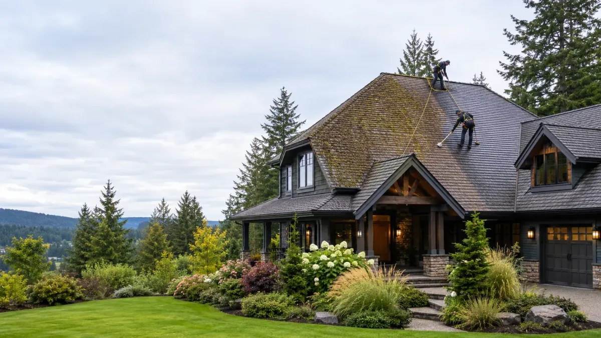 Custom Kent-area home with technicians removing lichen from a residential roof using gentle roof-safe cleaning methods.