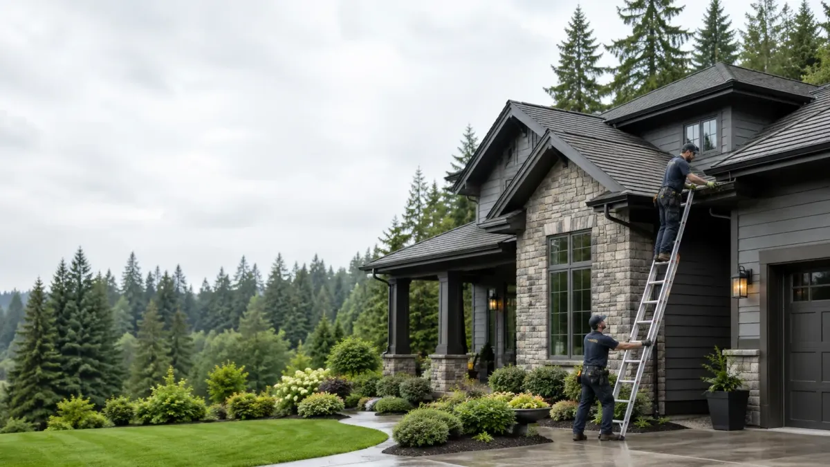 Pacific Northwest luxury home with technicians safely cleaning gutters and removing leaves and pine needle debris.