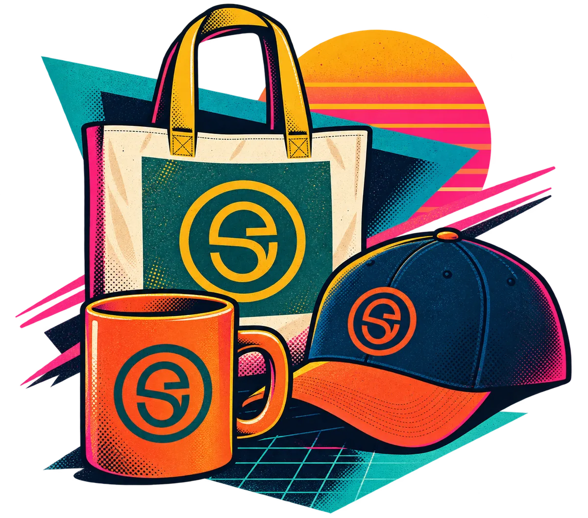 Pop retro cutout of branded merchandise featuring heavy canvas tote bag, 5-panel street hat, and ceramic mug