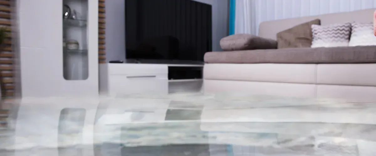 A water-damaged room with standing water on the floor, reflected light, and utility equipment.