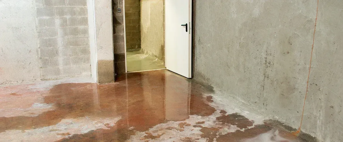 A flooded basement floor with a reddish-brown stain spreading across the concrete and wet concrete block walls.
