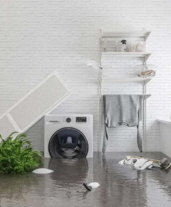 A 3D rendering of a flooded laundry room with a washing machine submerged in dark water and laundry floating.