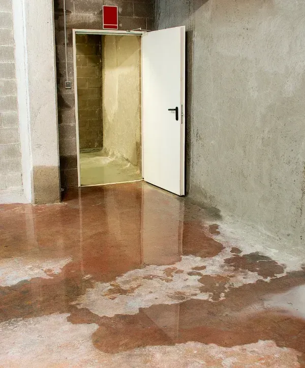 A large area of standing water covers a concrete floor in a basement, with an open white door leading to another flooded room.