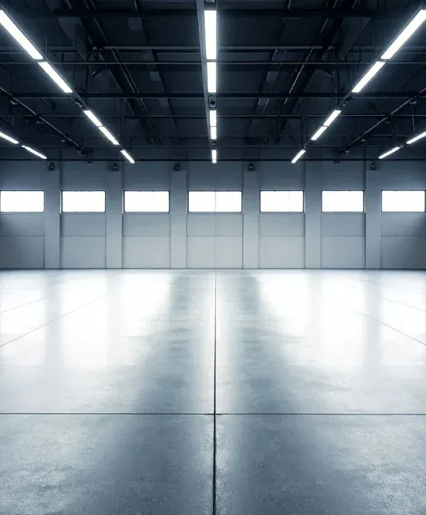 An empty, spacious, and brightly lit modern warehouse interior with concrete floors and large windows.