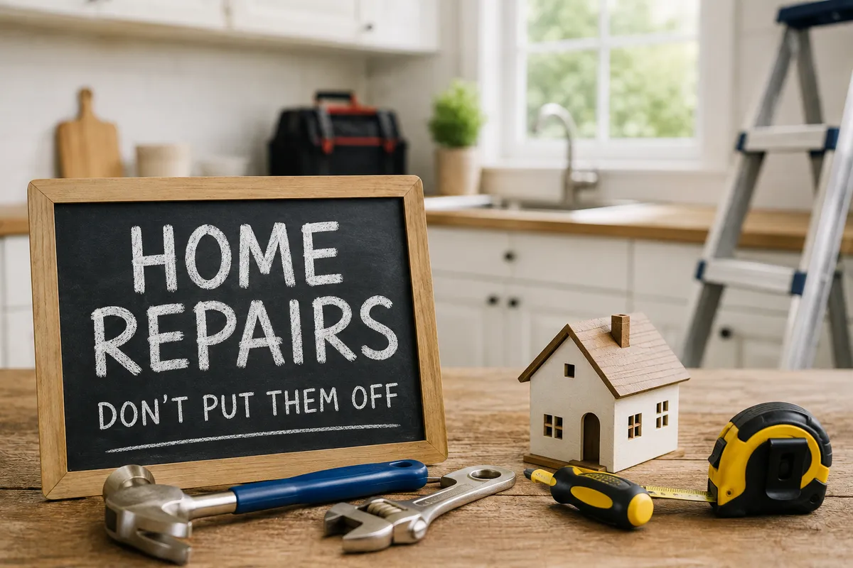 Home repair tools and a model house representing routine home maintenance