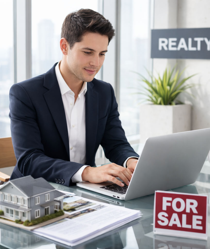 A real estate agent, late 20s, speaking on the phone in a cozy home office with bookshelves and plants. The agent is smiling, using a laptop, and appears relaxed yet professional. The setting is warm and inviting. 1:1 aspect ratio.