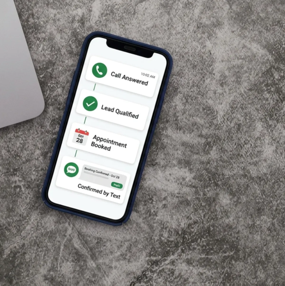 A missed call turning into an auto-text, a booking, and a 5-star review.